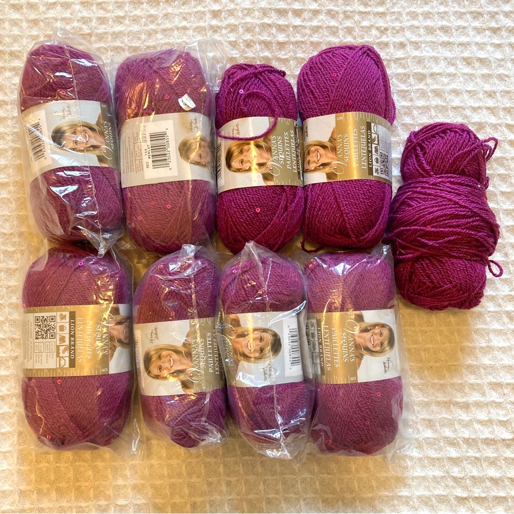Vanna’s Sequins Lion Brand yarn color merlot 9 skeins light 3 weigt plus pattern